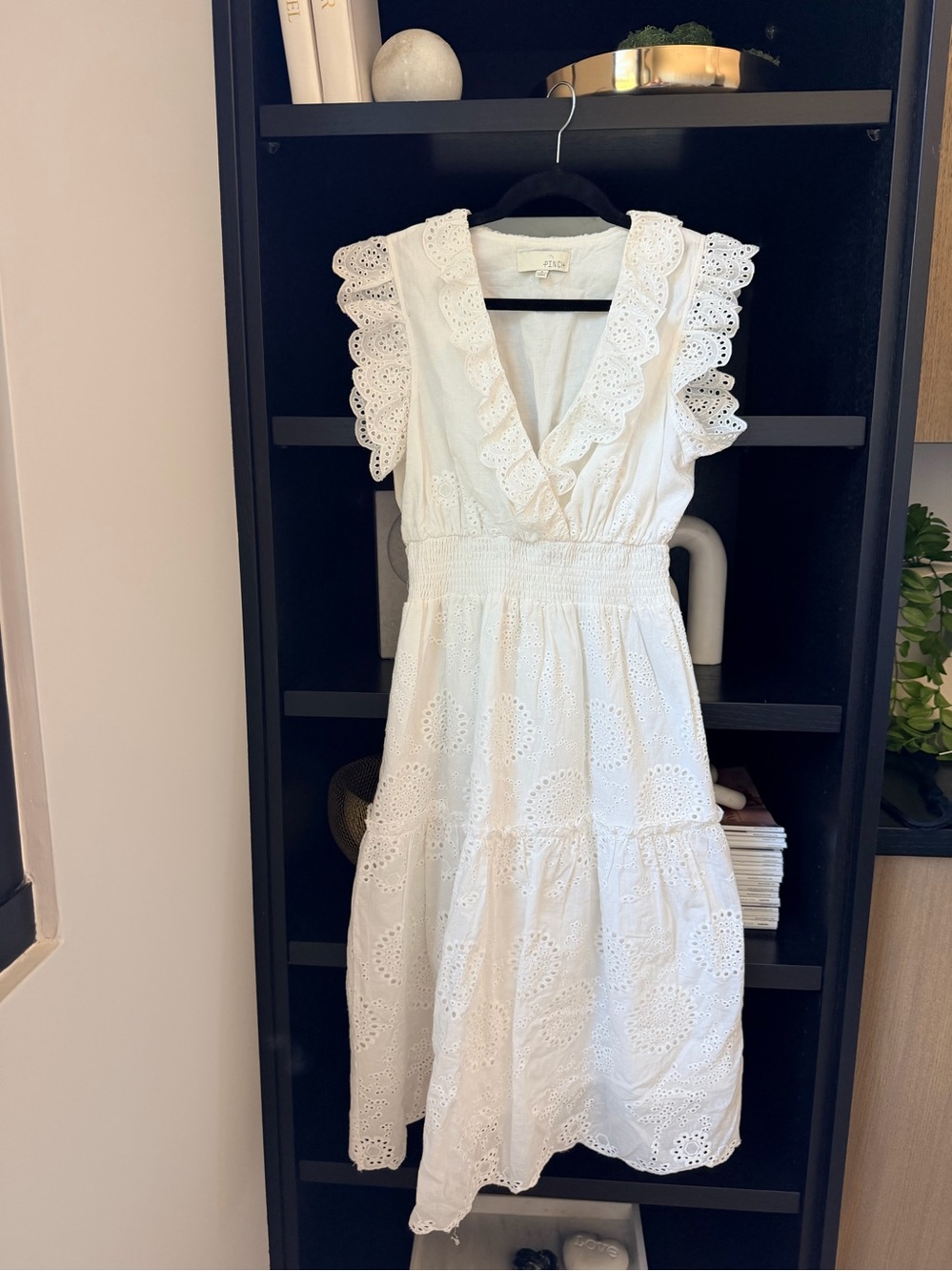 Pinch White Eyelet Midi Dress with Scalloped Ruffle Sleeves